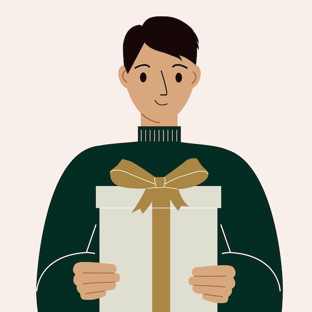 Beautiful man holding a gift box with a bow. vector flat illustration