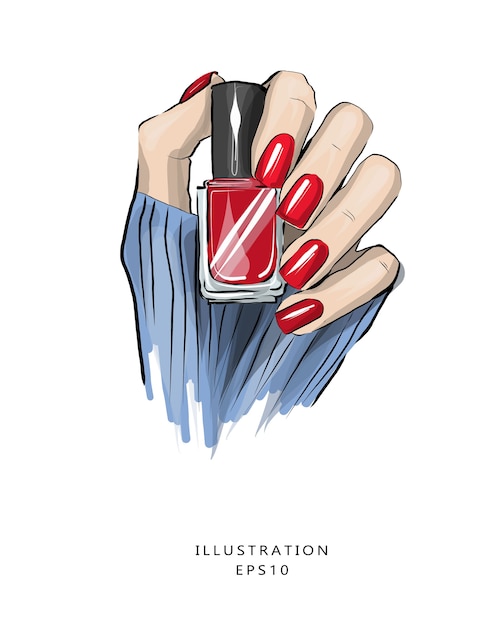 Vector beautiful manicure red nails nail polish in hand