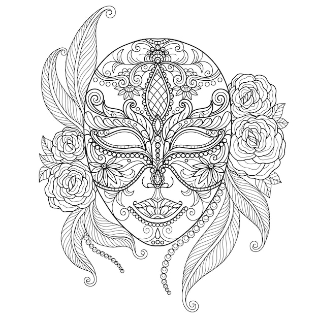 Beautiful mask. Hand drawn sketch illustration for adult coloring book