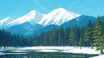 ベクトル 松の木と山のある美しい溶ける凍った湖の風景手描きの絵画イラスト