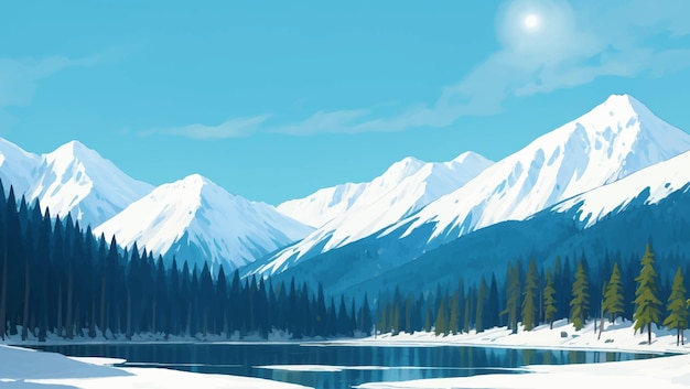 Beautiful Melting Frozen Lake Scenery with Pine Trees and Mountains Hand Drawn Painting Illustration