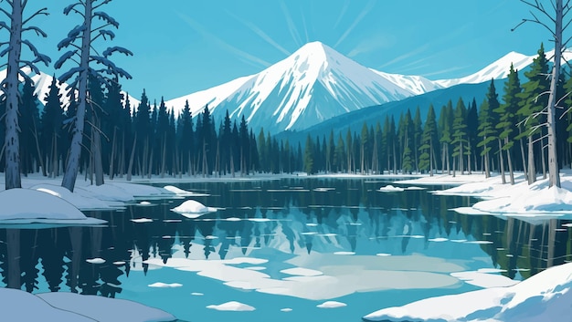 Bellissimo paesaggio di lago ghiacciato in fusione con alberi di pino e montagne illustrazione disegnata a mano della pittura