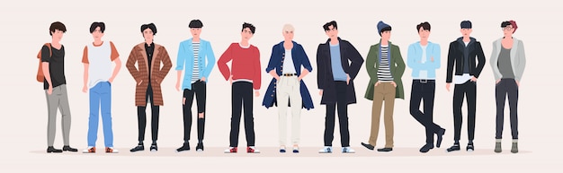 Beautiful men group standing together attractive guys male cartoon characters in fashion clothes full length flat horizontal