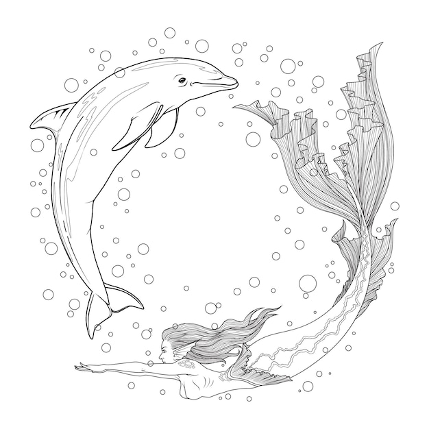 美しい人魚とイルカのカラーリングラインアート