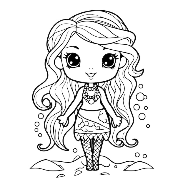 Beautiful mermaid illustration in the sea line art coloring page vector