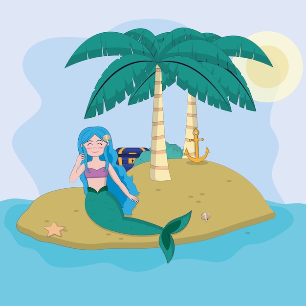 Beautiful mermaid in the island cartoon vector illustration graphic design