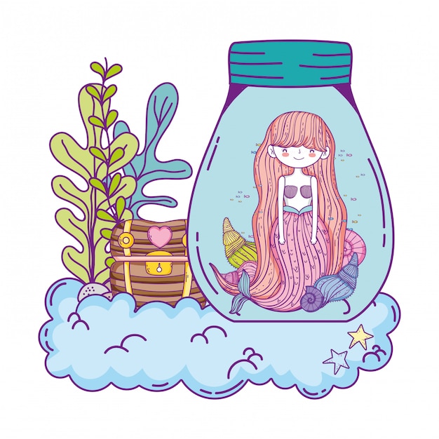 Beautiful mermaid in mason jar with treasure chest