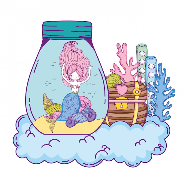 Vector beautiful mermaid in mason jar with treasure chest