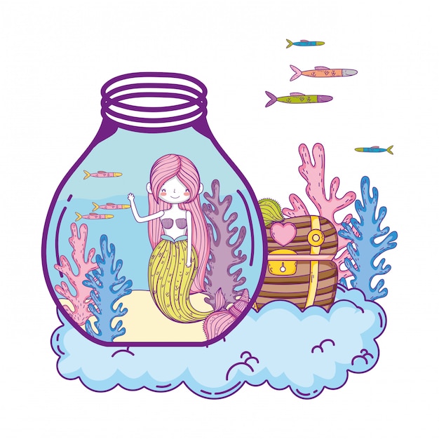 Beautiful mermaid in mason jar with treasure chest