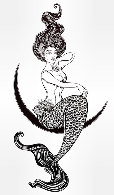 Beautiful mermaid outline vector illustration