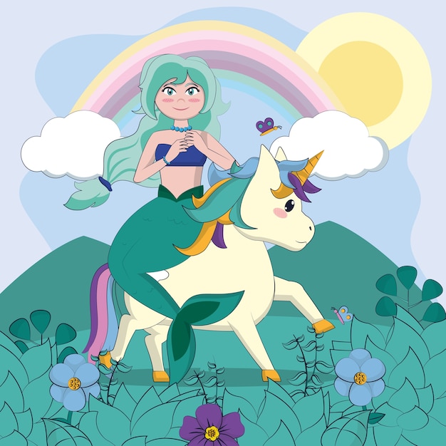 Vector beautiful mermaid riding on unicorn cute cartoons