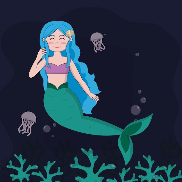 Beautiful mermaid swimming at sea vector illustration graphic design