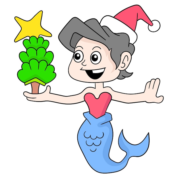 Beautiful mermaid welcomes Christmas doodle icon image kawaii