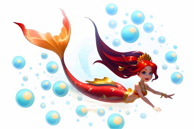 Beautiful Mermaid With Beautiful Tail Swims With Bubbles