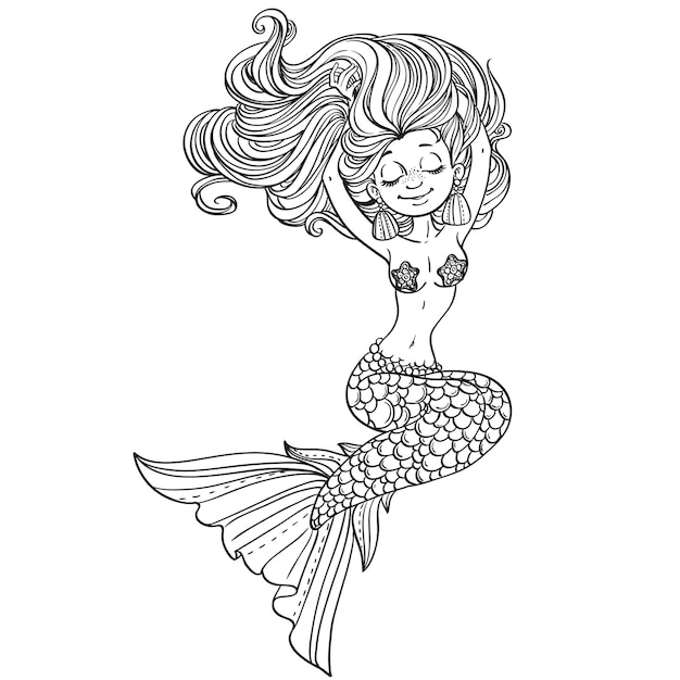 Beautiful mermaid with luxurious hair outlined