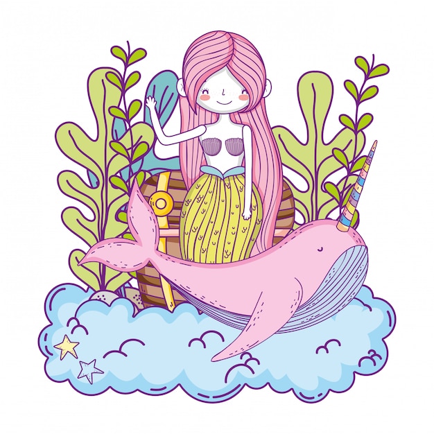 Beautiful mermaid with narval fairytale character