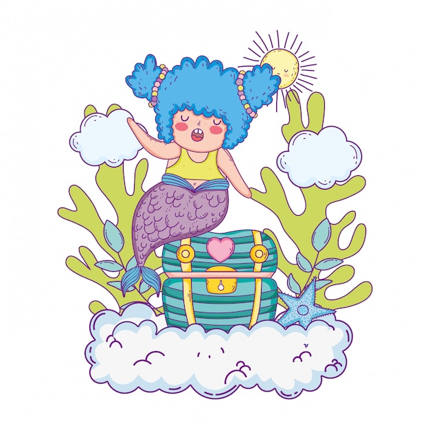 Beautiful mermaid with treasure chest in clouds