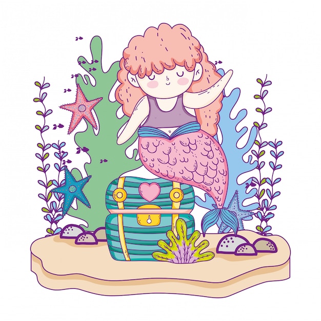 Beautiful mermaid with treasure chest and seaweed