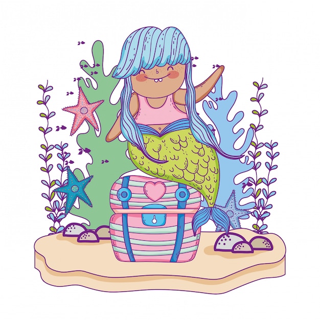 Vector beautiful mermaid with treasure chest and seaweed