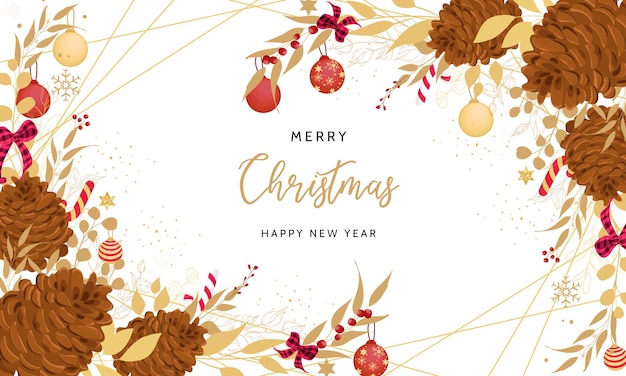 Beautiful merry christmas card with gold leaves and christmas ornament