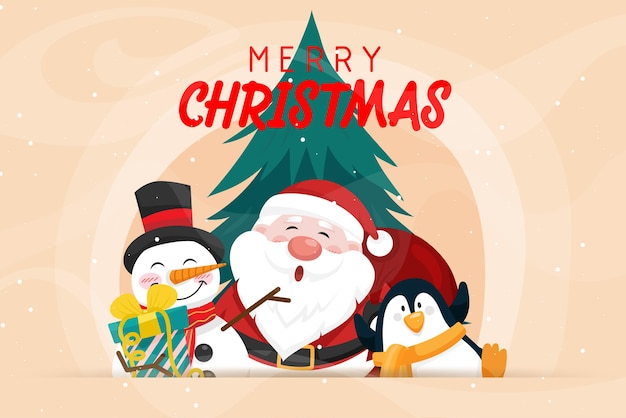 Beautiful merry christmas card with happily santa claus with snowman and penquin, pine tree