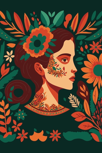 Beautiful mexican woman vector flat color illustration wall art