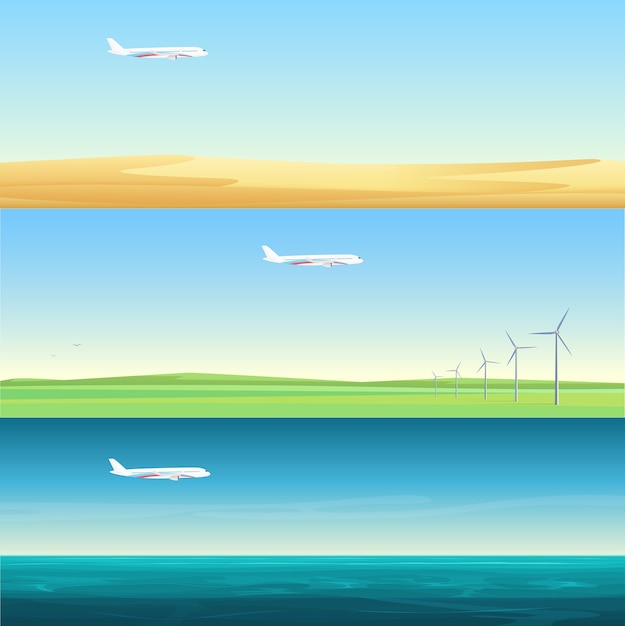 Красивые минималистичные горизонтальные баннеры-пейзажи с самолетами, летающими над полем, морем и пустыней