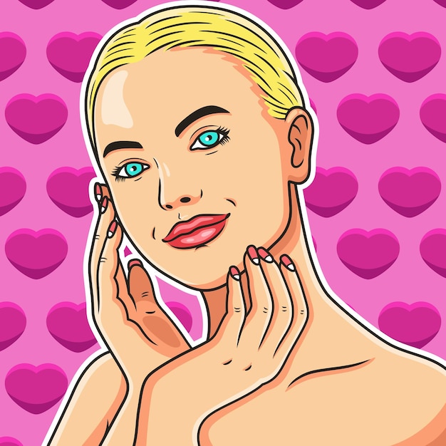 Vector beautiful model pop art. beautiful woman with graceful pose holding hands on face. isolated on premium vector