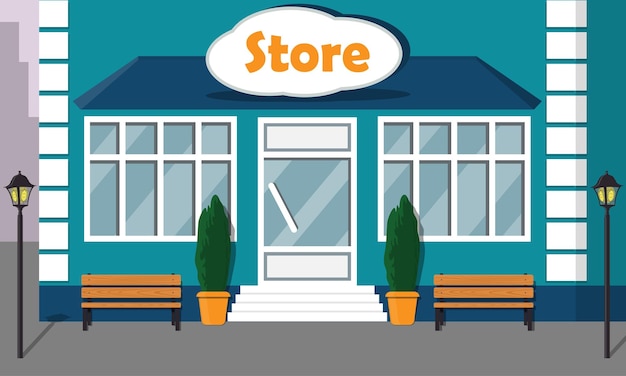 Vector beautiful modern store front with big windows and sign on the facade cartoon vector illustration