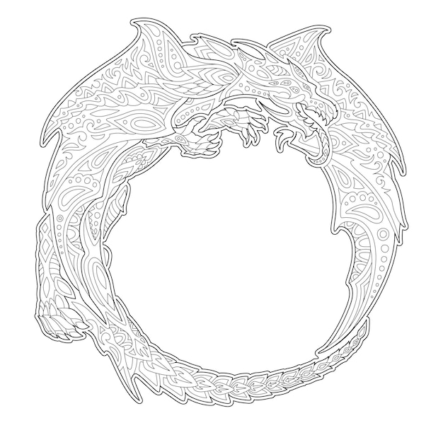 Beautiful monochrome linear fantasy vector frame for adult coloring book page with decorative dragon around white copy space