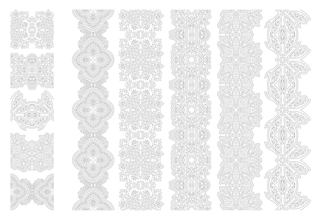 Beautiful monochrome linear illustration for adult coloring book page with abstract floral paint brushes set isolated on the white background