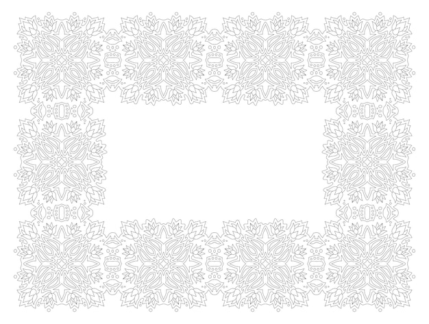 Beautiful monochrome linear vector illustration for adult coloring book page with abstract rectangle floral frame isolated on the white background