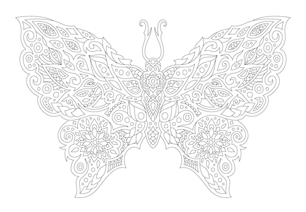 Beautiful monochrome linear vector illustration for coloring book page with stylized butterfly silhouette islated on the white background