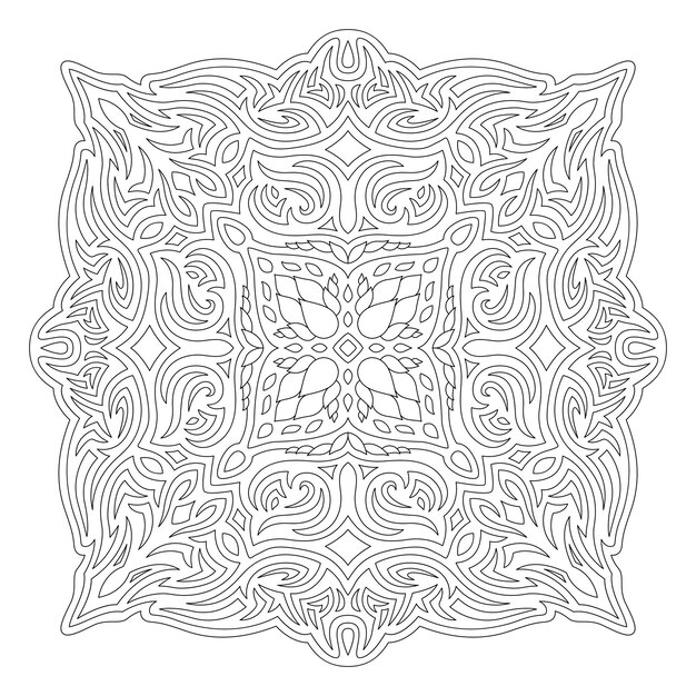 Beautiful monochrome linear vector pattern for adult coloring book page with abstract square tribal pattern isolated on the white background