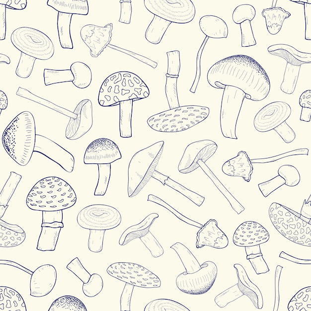 Beautiful monochrome seamless pattern with outlines of inedible forest mushrooms