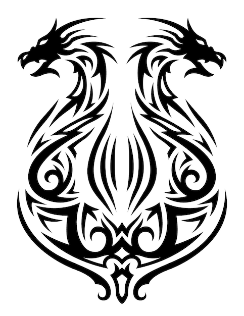 Vector beautiful monochrome tribal tattoo illustration with black fantasy lyre and two dragon heads isolated on the white background