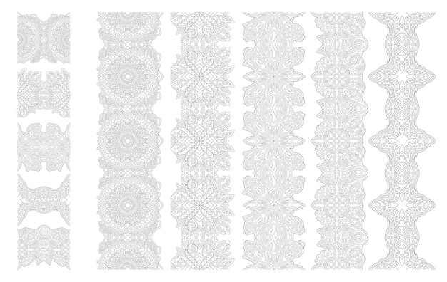 Красивые монохромные векторные иллюстрации для взрослых раскраски страницы книги с набором абстрактных фэнтезийных линейных кистей, изолированных на белом фоне
