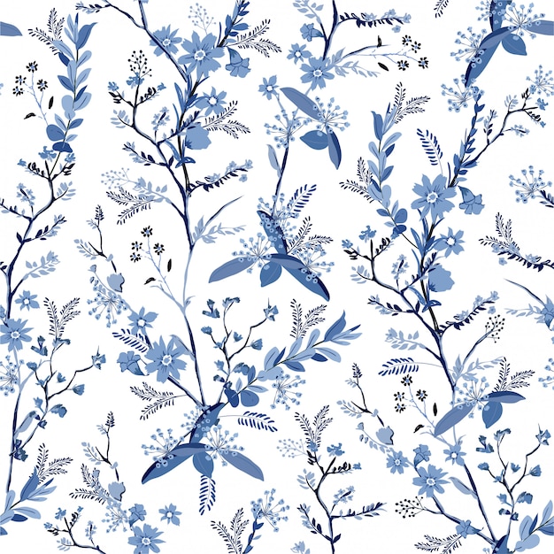 Vector beautiful monotone hand drawn botanical florals on blue shade seamless pattern