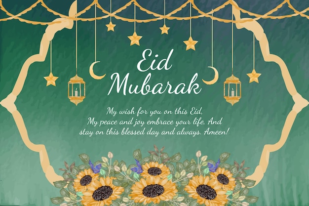 Beautiful mosque nature green Eid Mubarak with watercolor floral background Premium Vector