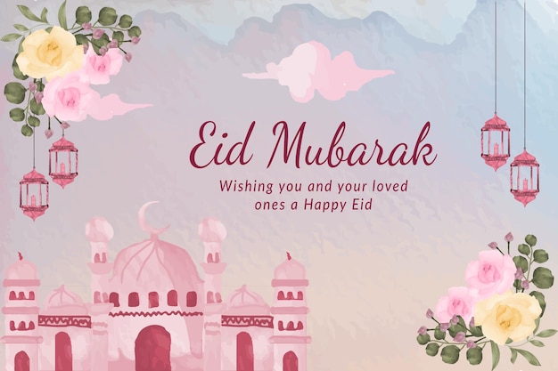 Красивая природа мечети Happy Eid Mubarak с акварельным цветочным фоном Premium векторы