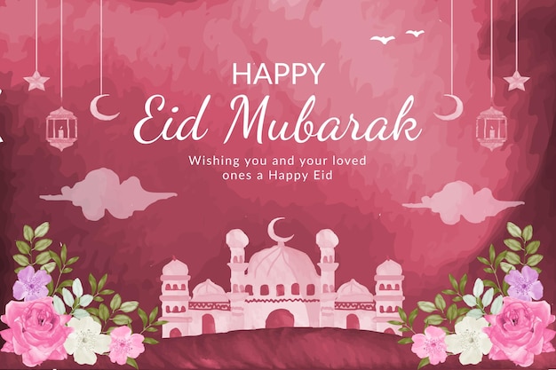 Beautiful mosque nature red happy eid mubarak with watercolor floral background premium vector