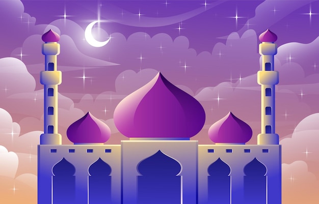 Vector beautiful mosque with moon and star background