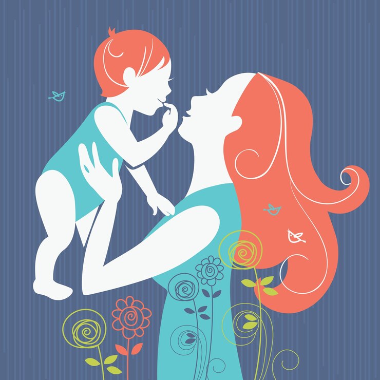 Vector beautiful mother silhouette with her baby with floral background. card of happy mother’s day