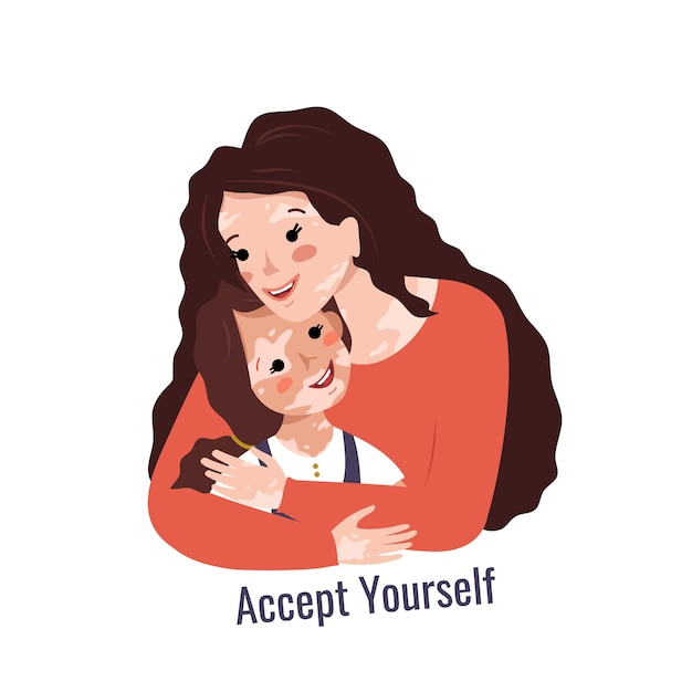 Beautiful mother with long hair and vitiligo hugs her daughter inscription accept yourself vector il...