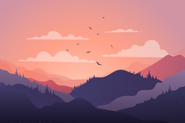 Красивый горный пейзаж на закате с птицами