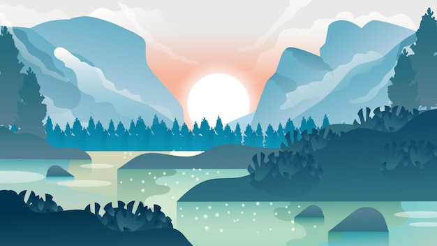 Vector beautiful mountain lake dawn scene landscape illustration wallpaper