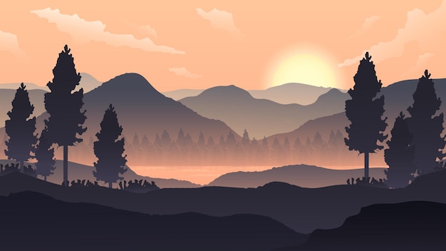 美しい山の湖の夕日のシーンの風景イラストの壁紙