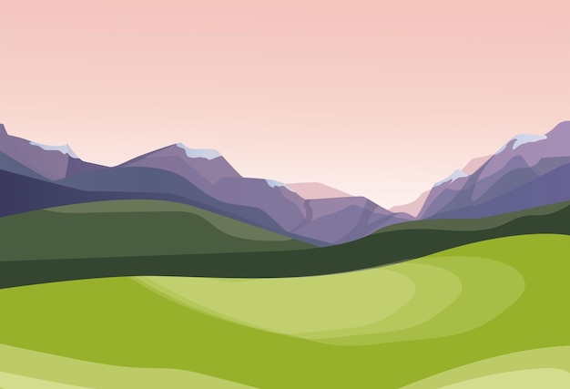 Vettore bellissimo paesaggio di montagna. ande viola al tramonto, pendii verdi, sfumature calde e ricche