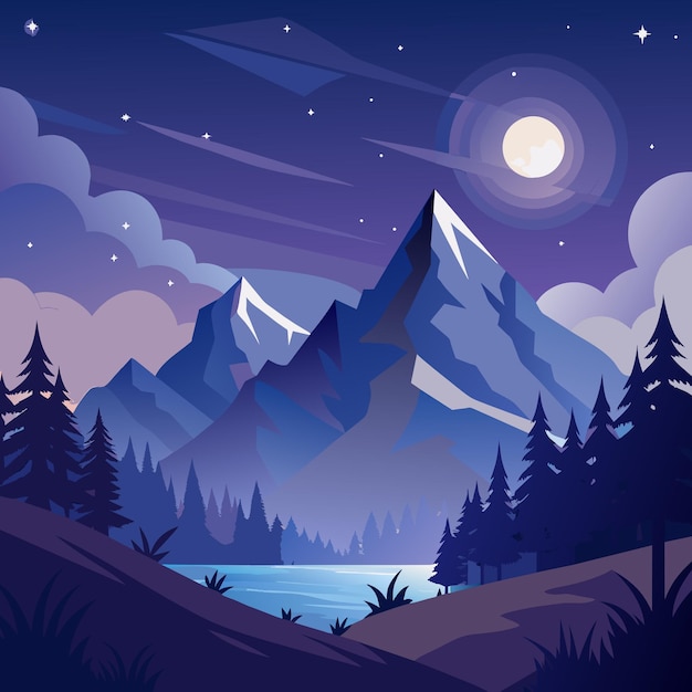 Beautiful Mountain Panorama Landscape Flat Illustration