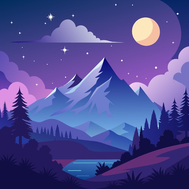 Beautiful Mountain Panorama Landscape Flat Illustration